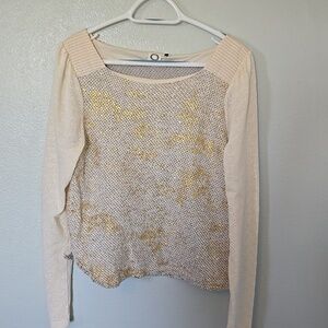 Akemi + Kim Anthropologie | Gold Foil-Printed Pointelle Knit Top Size Large